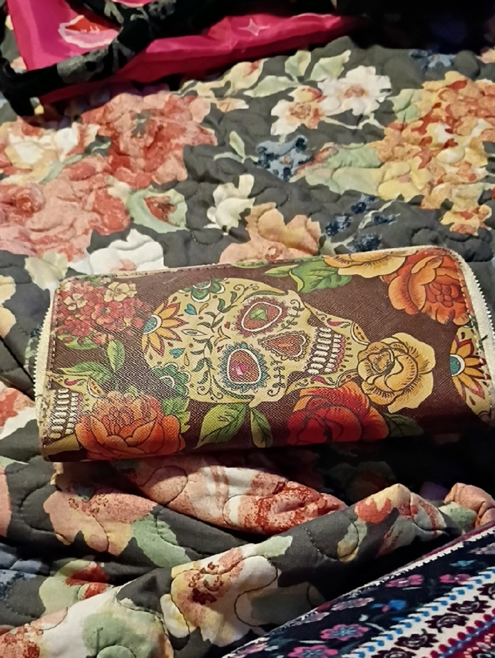 Sugar Skull Floral Zip-Around Wallet in Brown